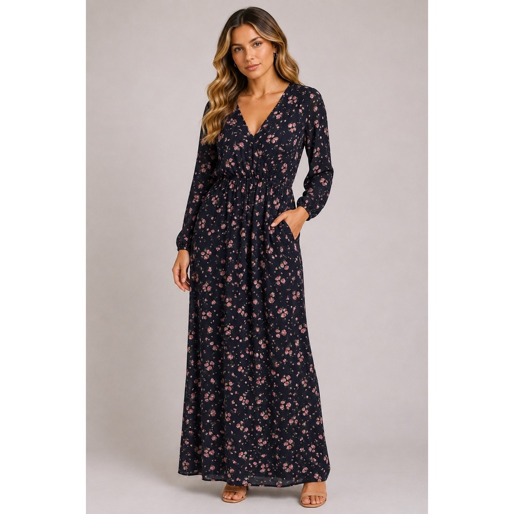 NWT Volcom Lets Elope Dress Women S Navy Blue New Floral Rose Maxi Chiffon